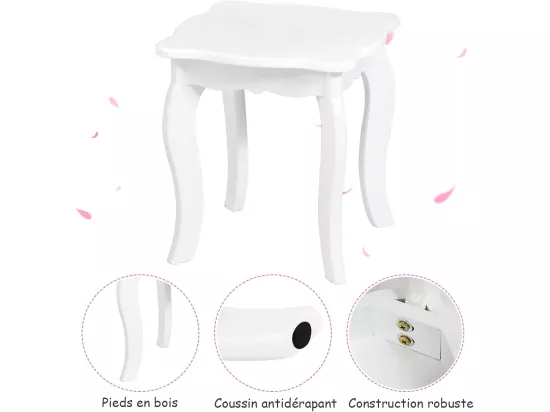 Coiffeuse pour Enfants 2 en 1 avec Miroir Amovible et Pliable, 1 Grand Tiroir Style Princesse Blanc