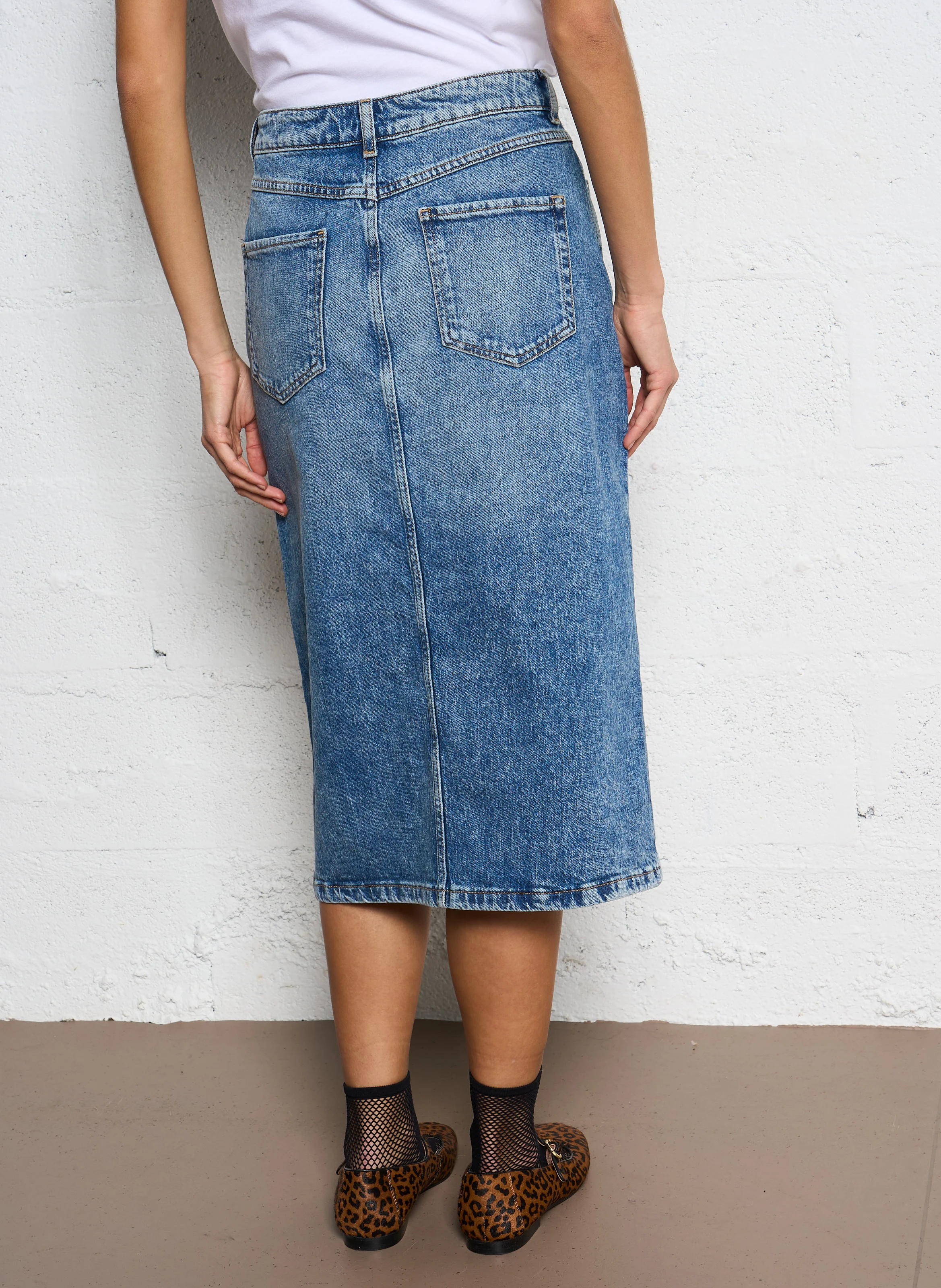 BIRDY - Jupe midi droite en denim stretch | Bleu