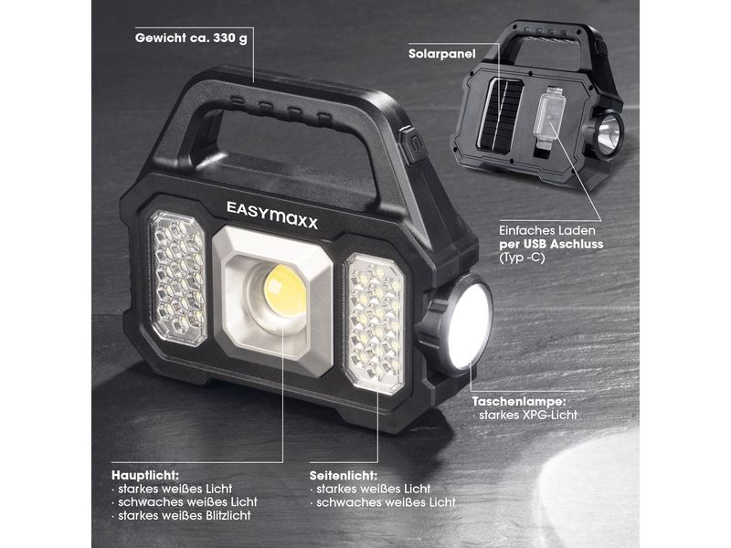 EASYmaxx Arbeitsleuchte Solar-Leuchte 3.7 V Mobile Arbeitsleuchte mit Powerbank