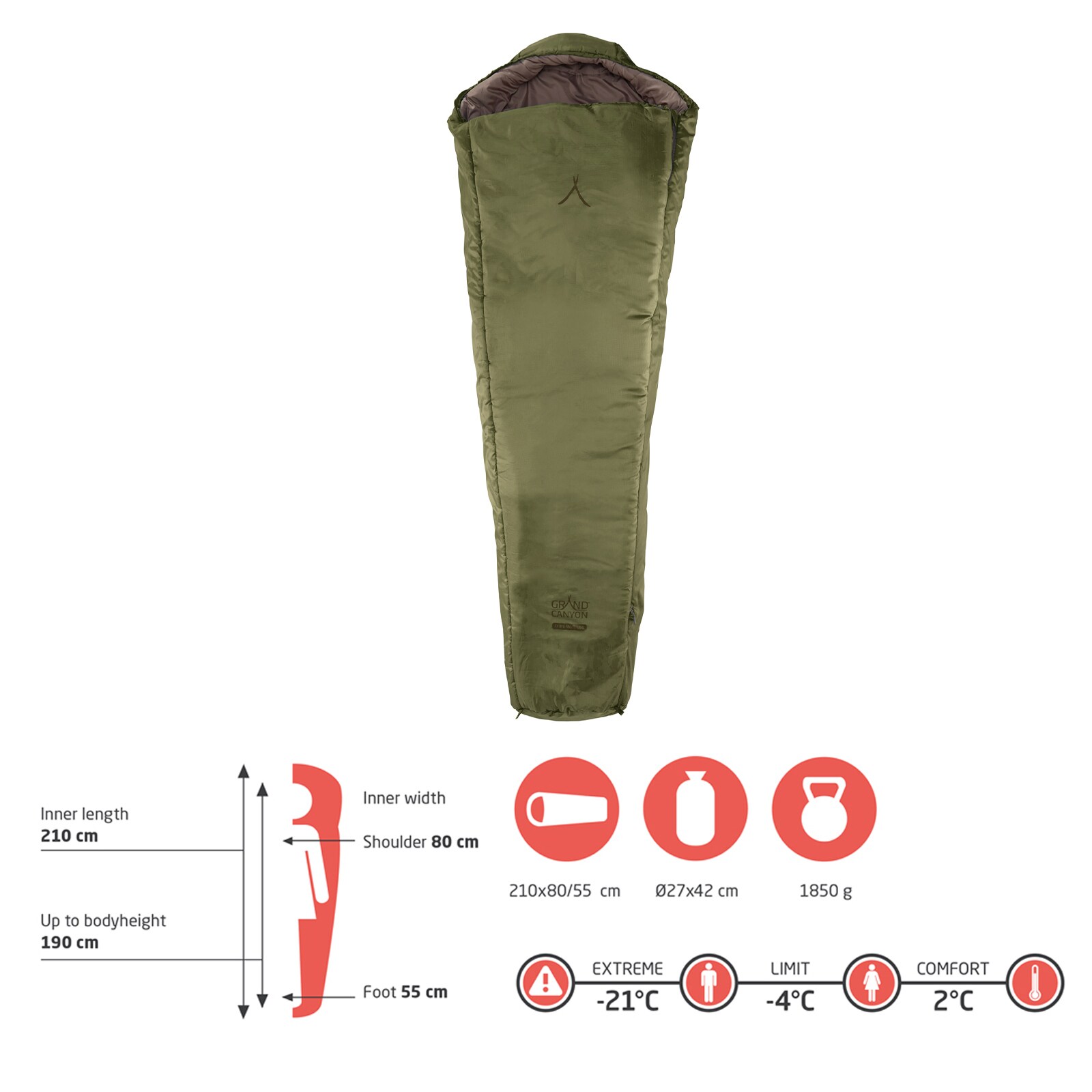 GRAND CANYON Winter Mumien Schlafsack Fairbanks 190 Biwak 3 Jahreszeiten -21°C Farbe: Capulet Olive