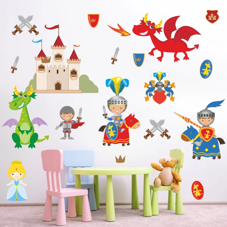 Nikima Wandtattoo 008 Wandtattoo Ritter mit Drachen Burg Prinzessin Schwert Pferde Wappen bunt