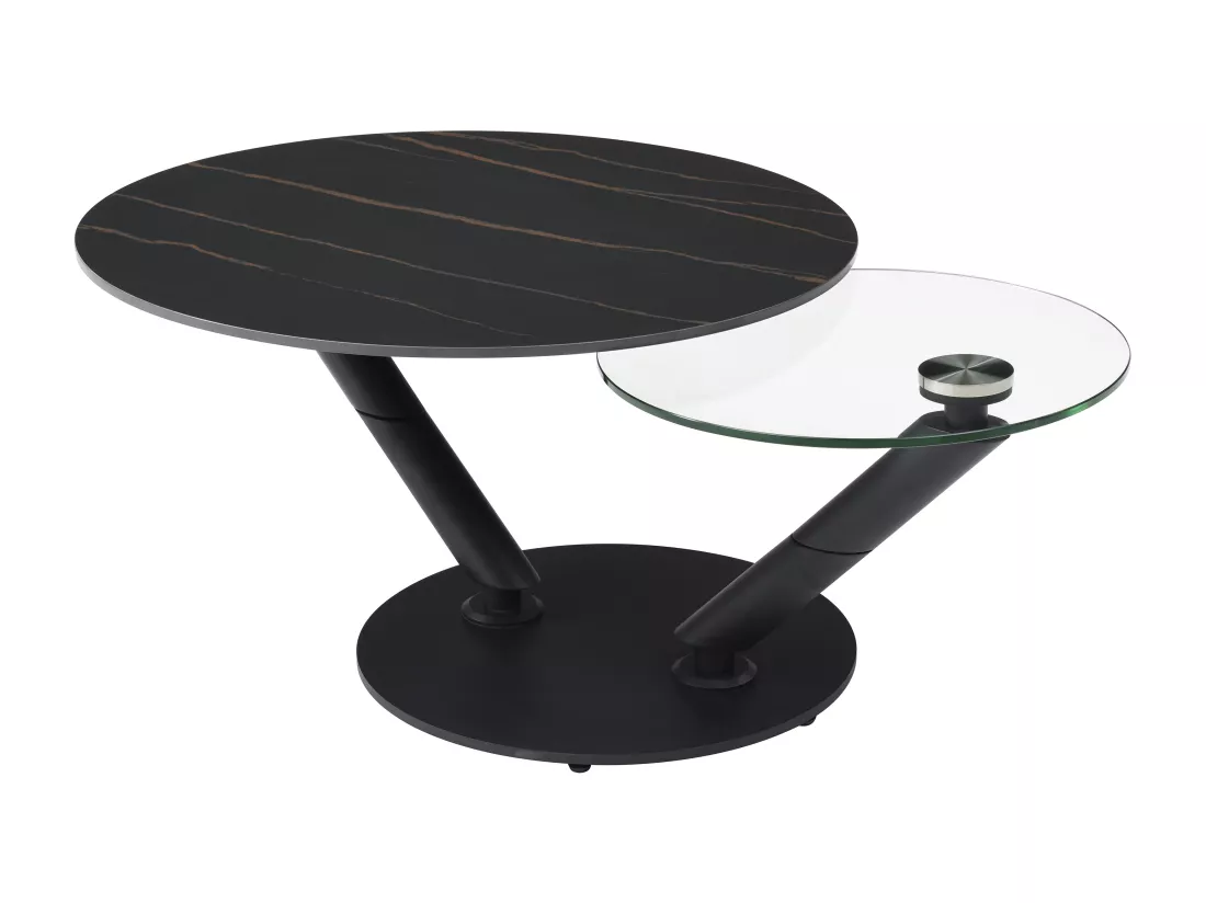 Table basse avec plateaux pivotants en céramique, verre trempé et métal - Effet marbre noir - ELDOVA