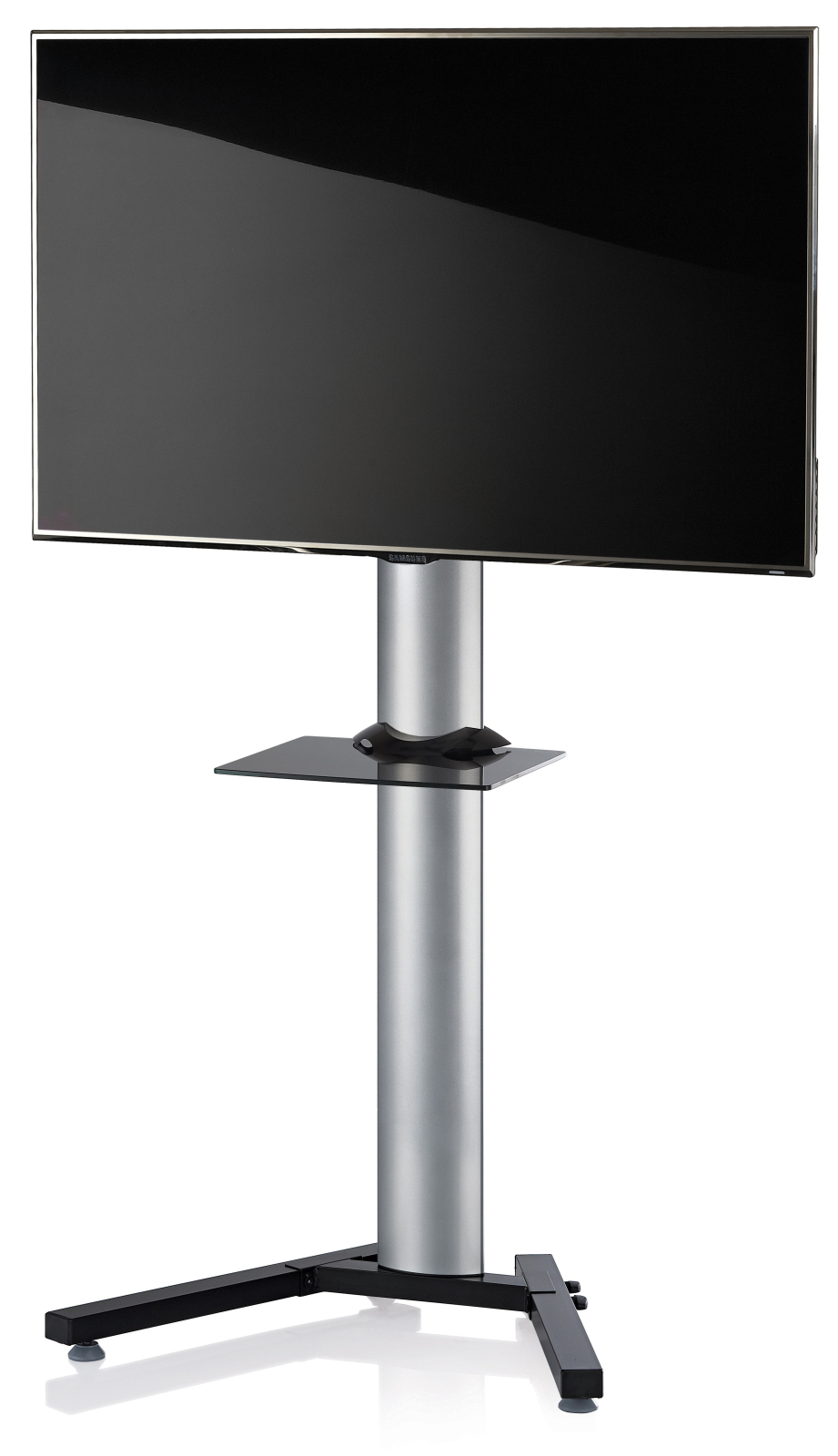 TV-Standfuß STADINO MAXI - silber-Schwarzglas - mit Ablage
