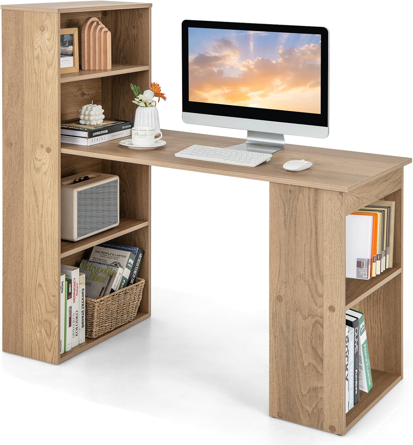 COSTWAY Schreibtisch mit Bücherregal, Computertisch mit 6 Regalen, PC-Tisch mit Regal rechts oder Links, Bürotisch, Arbeitstisch für Zuhause, Büro und Wohnheim, 122 x 56 x 122 cm (Natur)