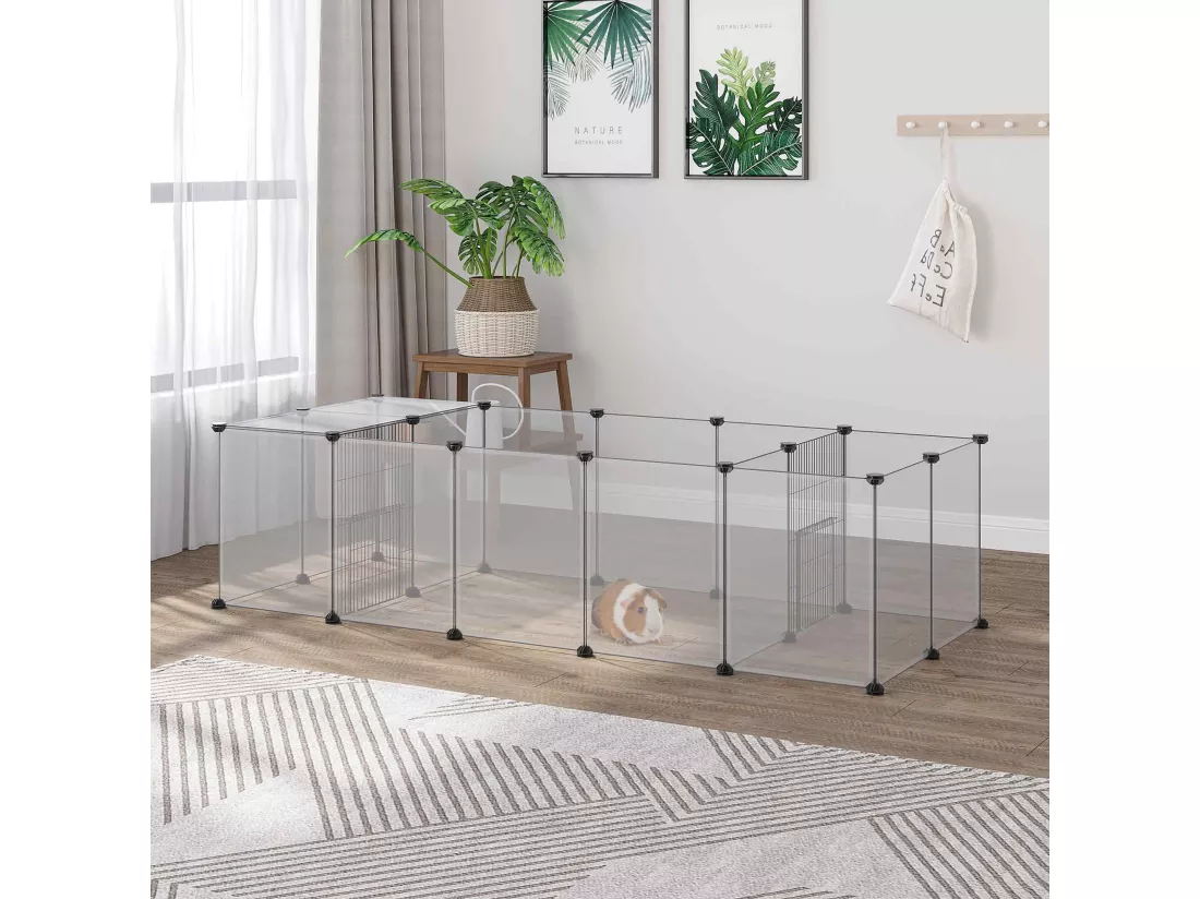 Enclos parc modulable petits animaux - 20 panneaux - dim. 175L x 70l x 45H cm - acier noir PP blanc