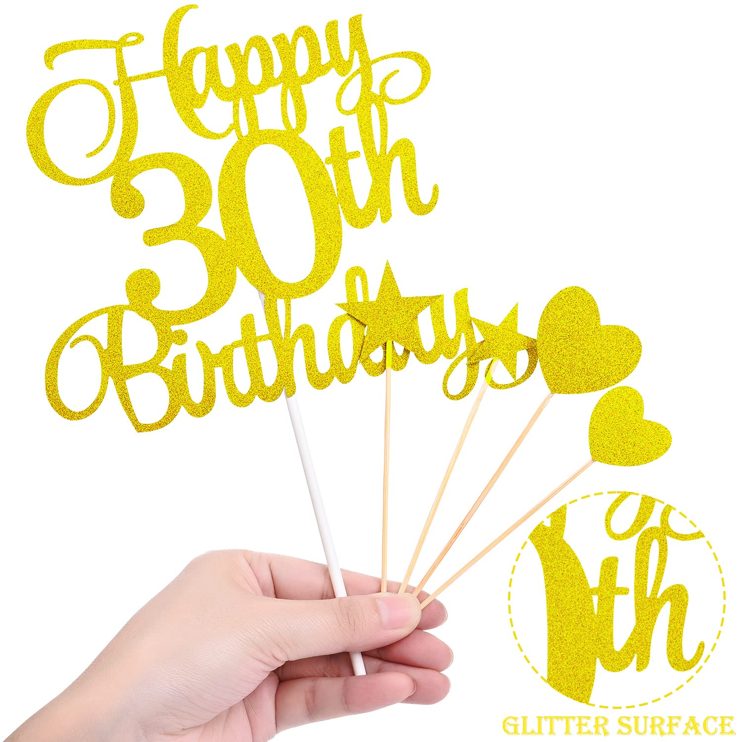 (7-tlg. Set) Kuchenstecker Happy 30th Birthday Glitzer Tortenstecker Topper Dekoration für Torten / Kuchen - Gold