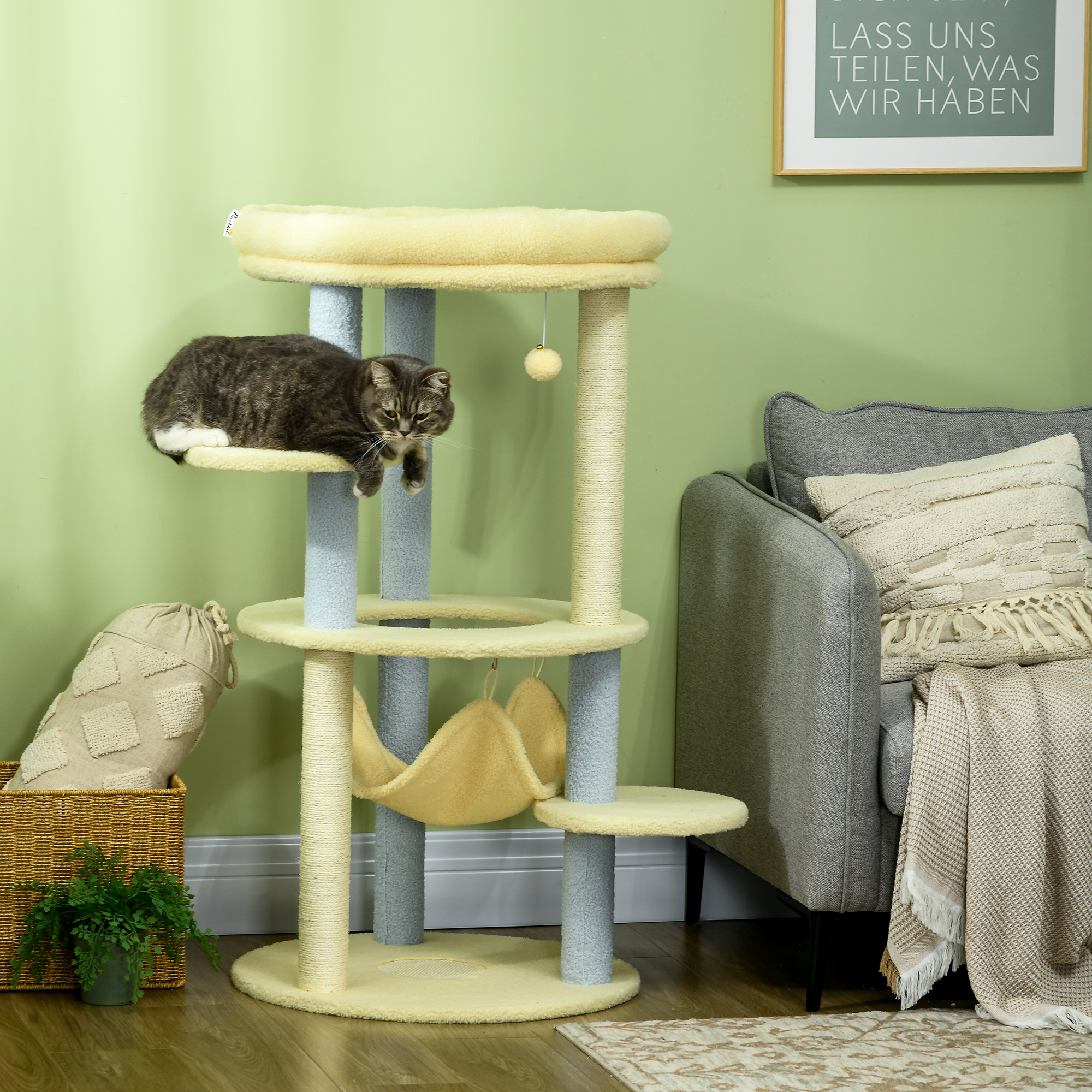 Arranhador PawHut tamanho médio para gatos, 110 cm, torre para gatos, centro de atividades para gatinhos com rede, poste de sisal e bola pendurada, Ø58x110 cm, amarelo e azul.
