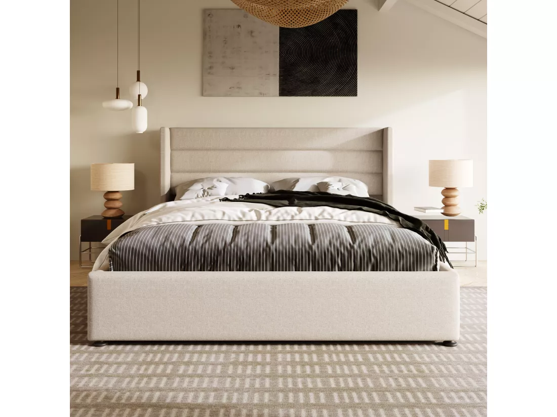 Lit coffre Lit de rangement - 180x200 cm en Lin Blanc cassé - Sweiko
