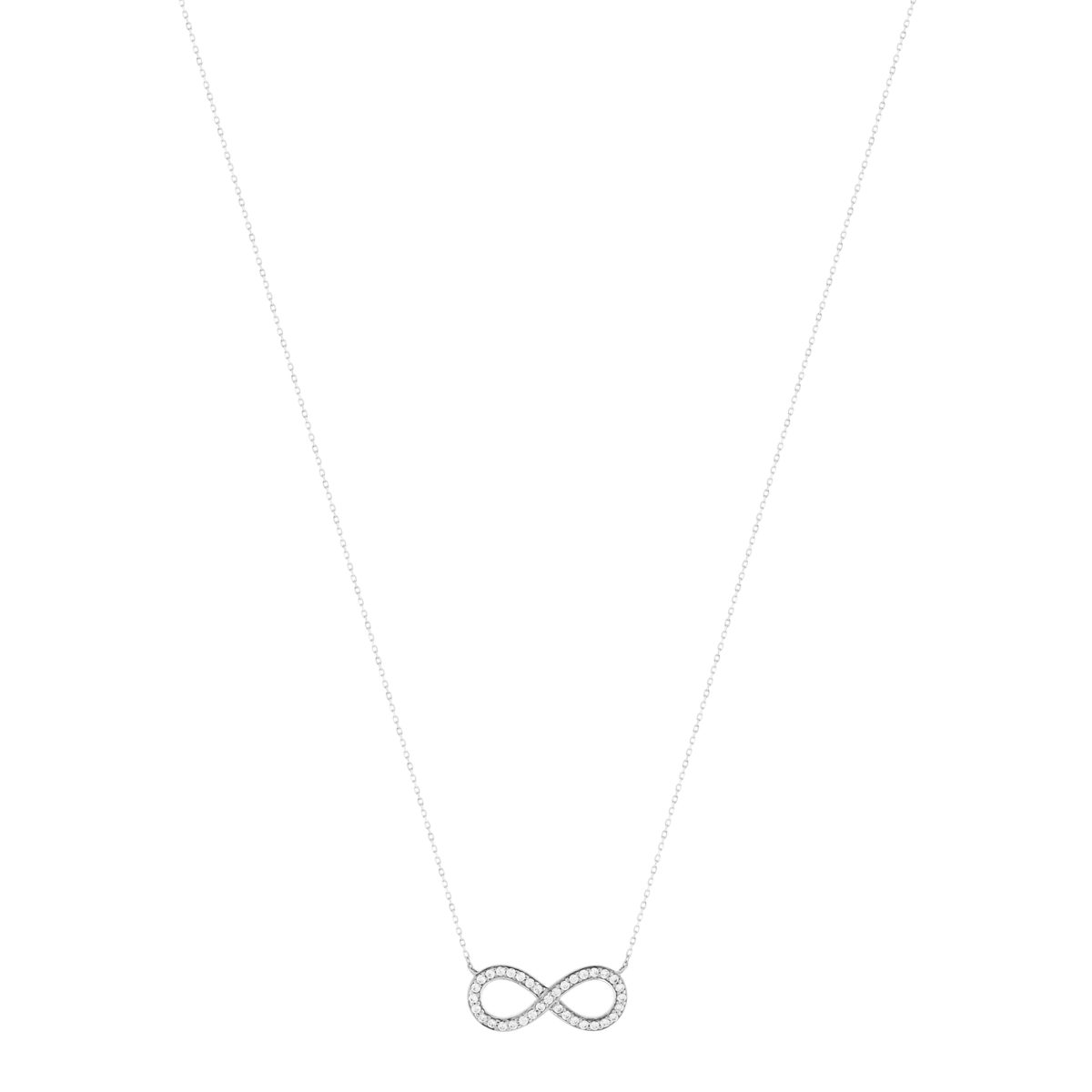 Collier or 375 blanc motif infini zirconias 45 cm avec anneau de raccourcissement à 42cm