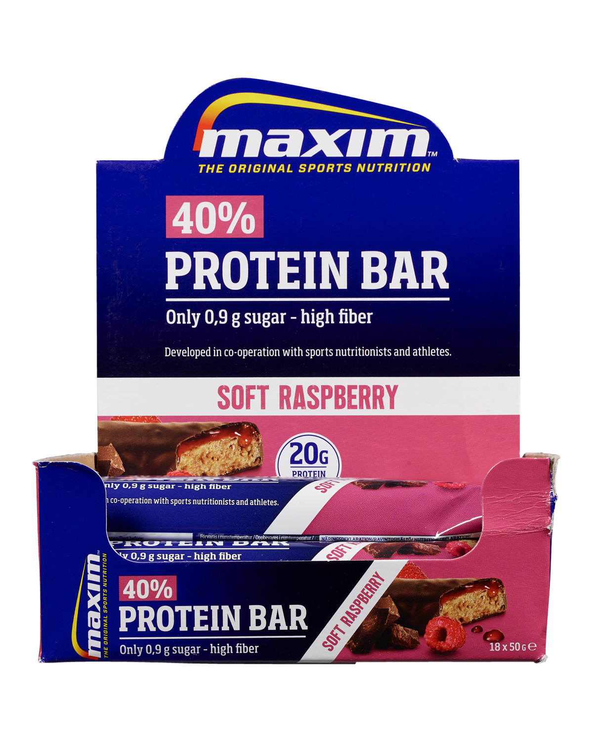 Maxim 40% Protein Bar Soft Raspberry 18x50g
