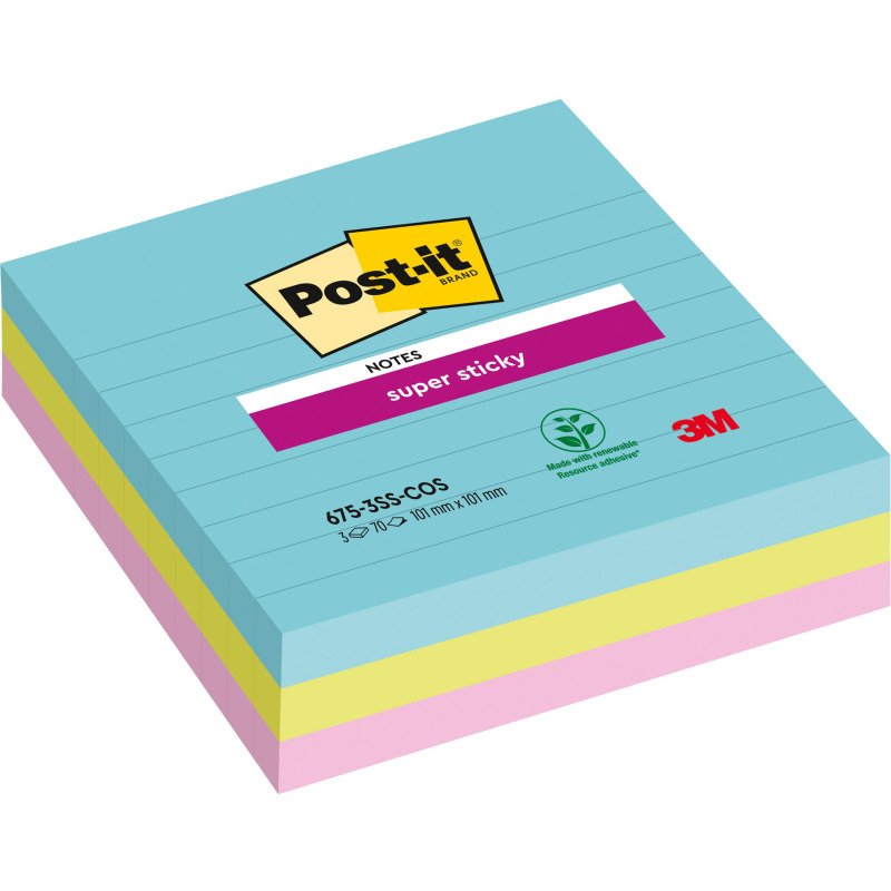 Notes lignées repositionnables couleurs Cosmic Super Sticky Post-it 101 x 101 mm assortis - bloc de 70 feuilles
