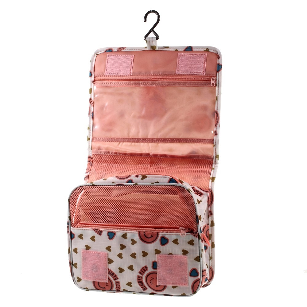 Faltbare Reise Kulturtasche Waschbeutel mit Trageschlaufe & Befestigungshaken - Herzen (Rosa)