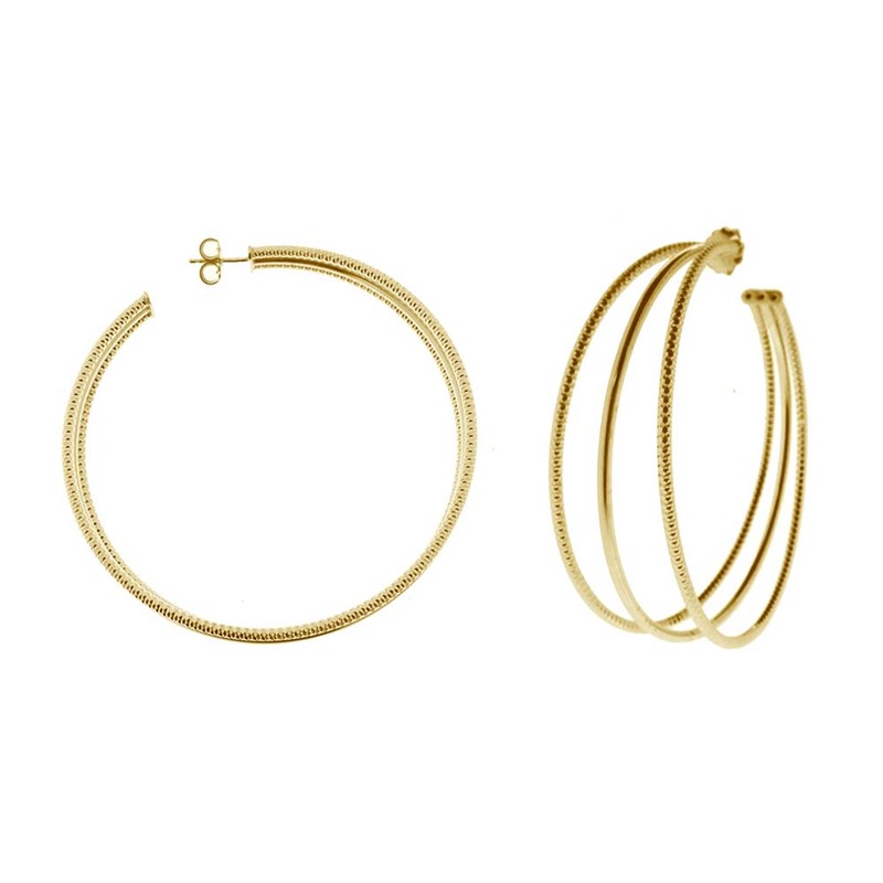 Boucles D'oreilles Créoles Trois Anneaux Argent Doré Diamantée Et Lisse Diamètre 65mm