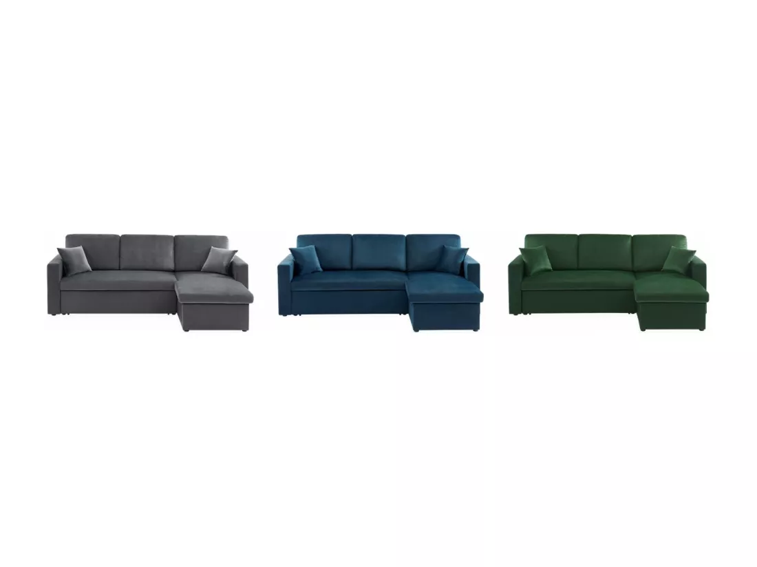 Canapé d'angle convertible en velours vert anglais 3 places. fauteuil d'angle réversible coffre rangement lit modulable