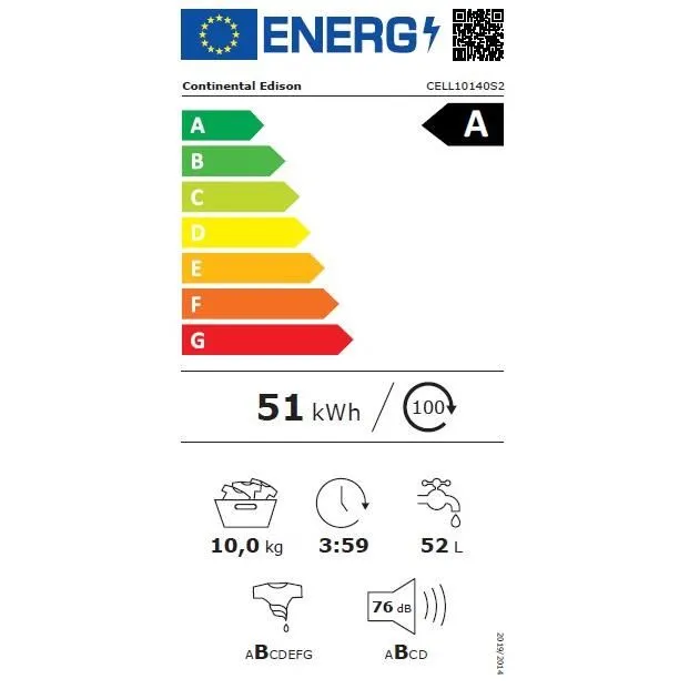 Lave-linge hublot CONTINENTAL EDISON CELL10140S2 - 10 kg - Largeur 60 cm - Classe A - 1400 trs/min - moteur induction -Anthracite