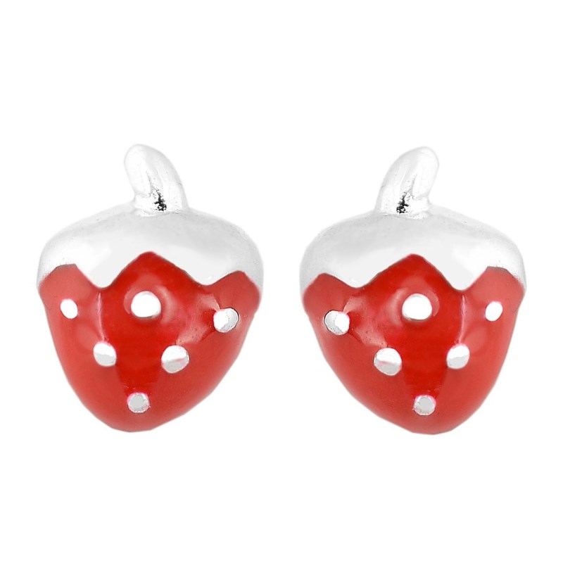 Boucles d'oreilles fraise émail rouge Argent 925 Rhodié
