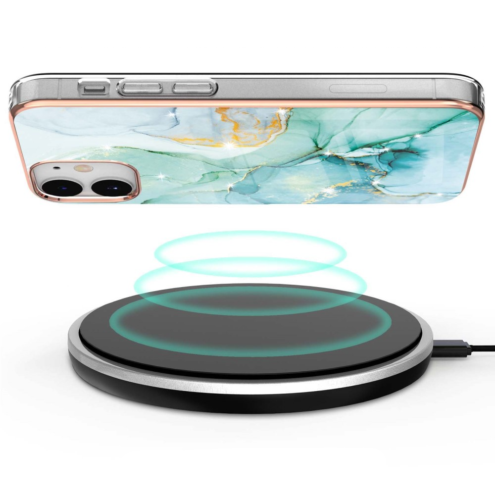 iPhone 12 / iPhone 12 Pro Gummi Case Hülle Galvanisierter Rahmen Marble Marmor Design - Türkis / Roségold