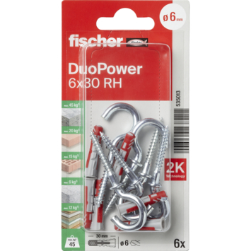 Fischer Universeelplug DuoPower 6x30mm met ronde schroefhaak 6 stuks