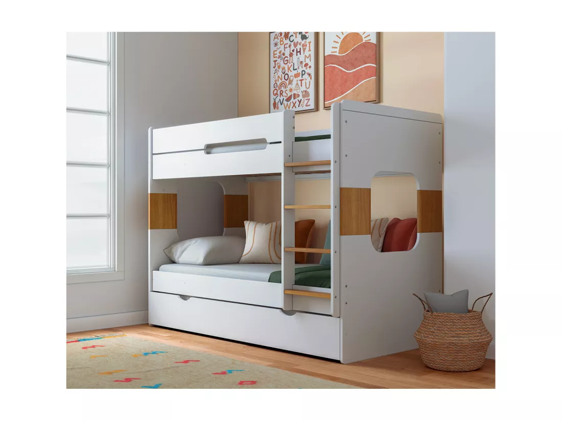 Lit superposé gigogne 90x190 cm panneaux de fibres blanc LEJI
