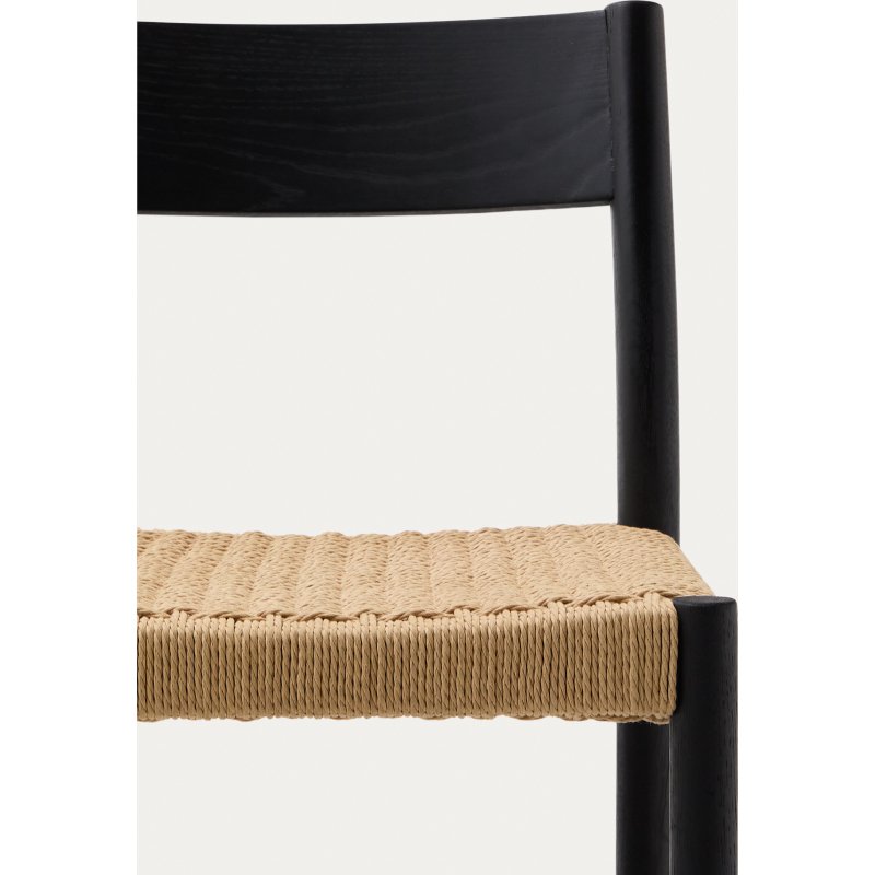 Tabouret Yalia dossier en bois de chêne finition noire et assise en corde 65 cm