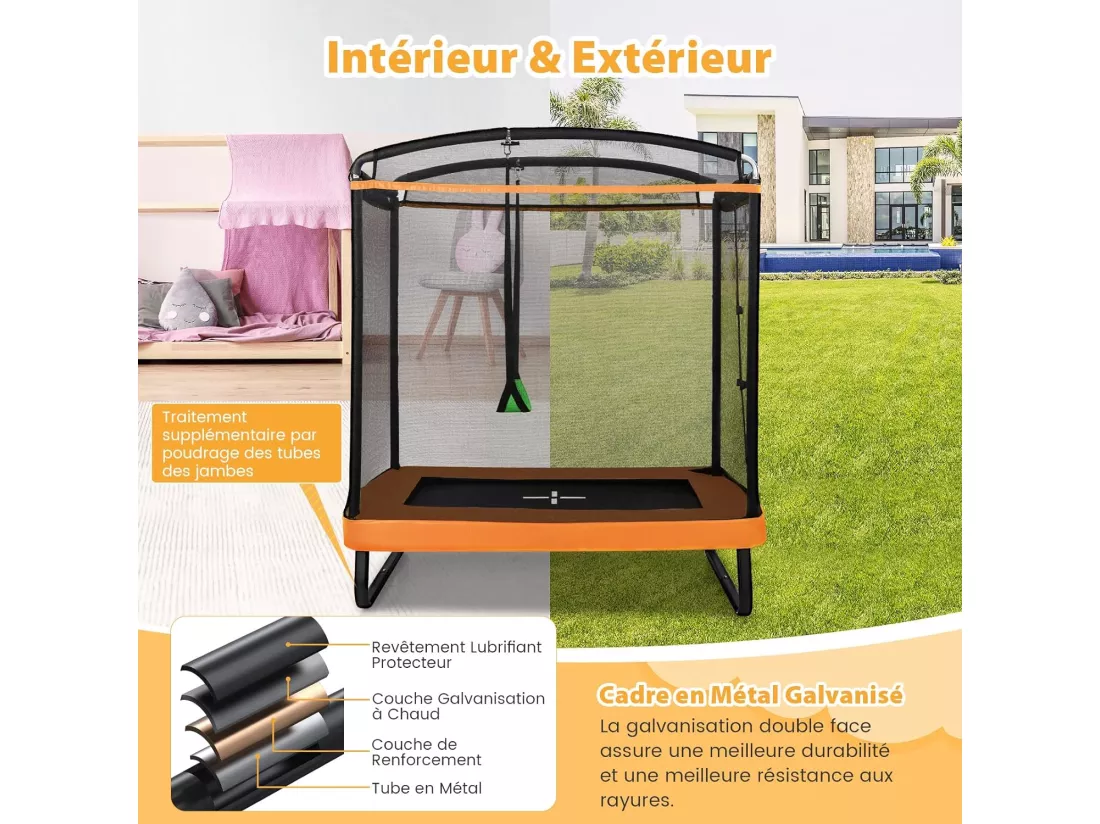 2 en 1 Trampoline Extérieur Enfants Rectangulair (190x122cm) avec Balançoire Amovible, Trampoline de Jardin avec Filet de Sécurité, Charge Max 100kg pour Garçon et Fille de 3 Ans+ (Orange)