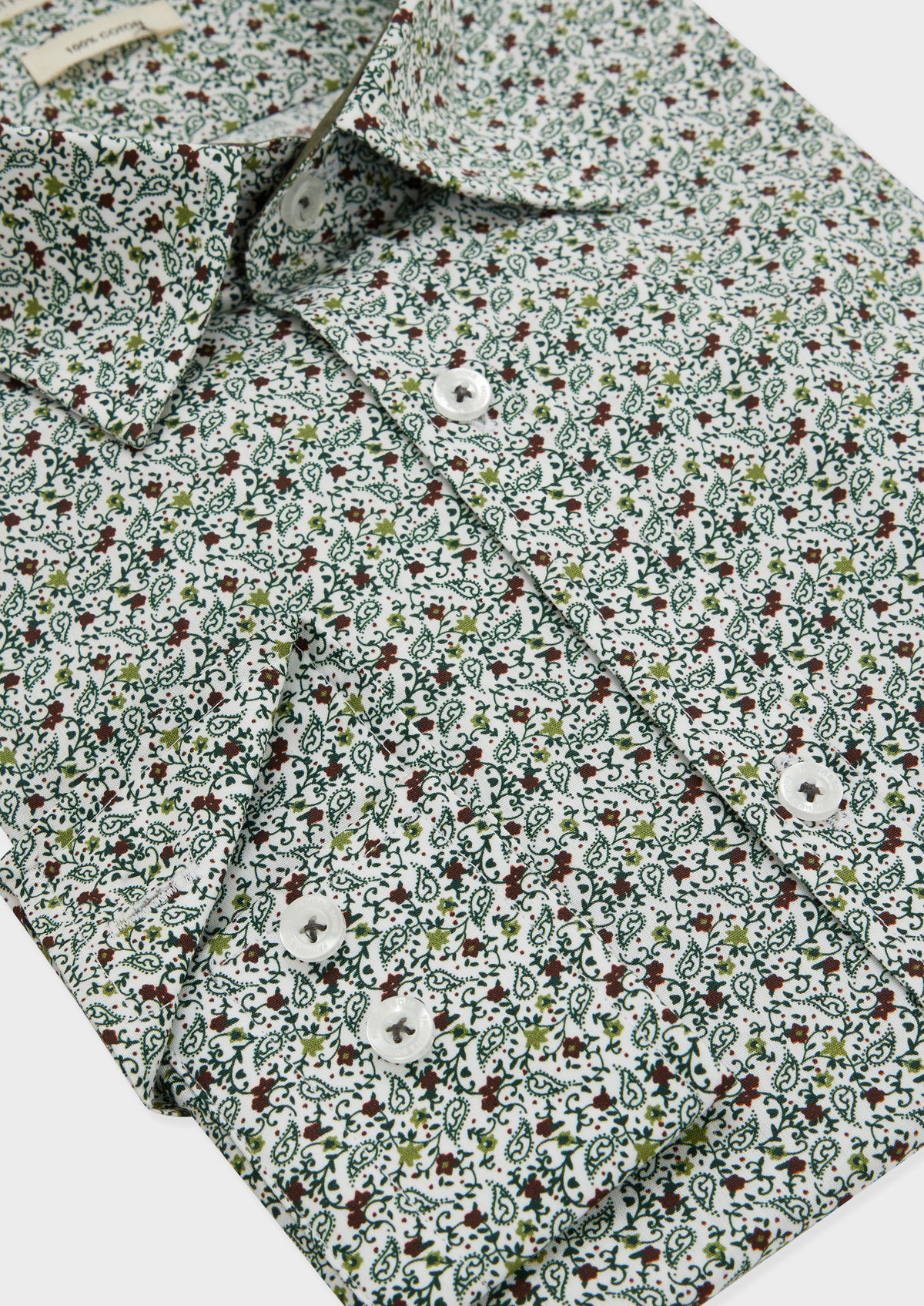 Chemise sport Slim en popeline de coton blanc à motif fleuri vert et marron