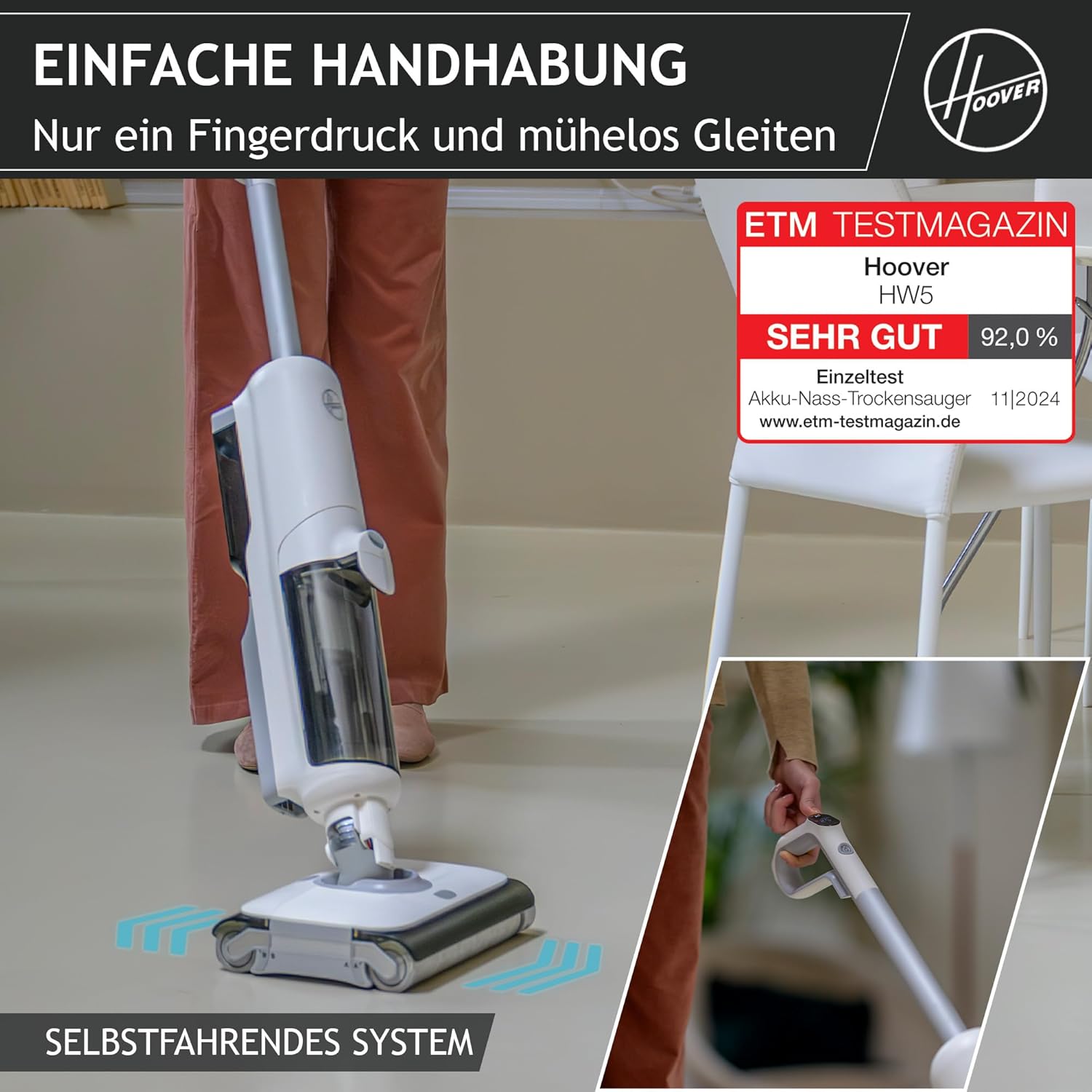 Hoover HW5 kabelloser Nass-Trockensauger und Saugwischer für Hartböden mit Hochleistungsmotor, Doppelwalzen-System, intelligente Schmutzerkennung, Selbstreinigungsfunktion, 230W [HW500]