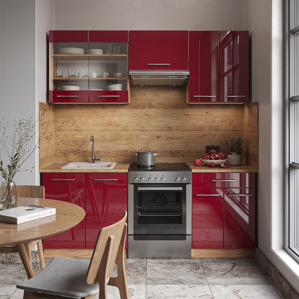 Vicco Küchenzeile Küchenblock Einbauküche Fame-Line Eiche Bordeaux Rot 200 cm modern Küchen Schränke Schubunterschrank Spülenunterschrank Hängeschrank Hängeglasschrank Hochglanz