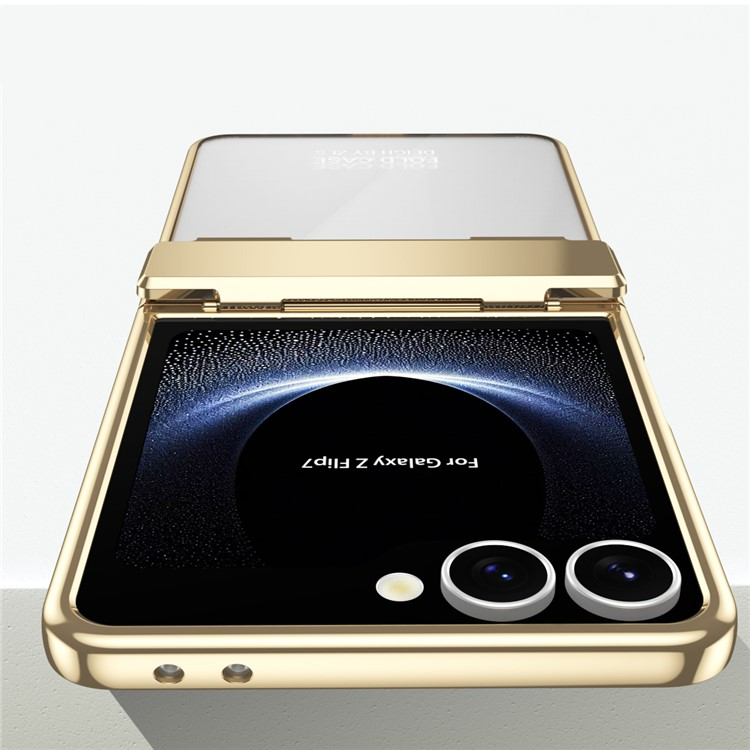 Samsung Galaxy Z Flip7 Hybrid Hardcase Hülle Galvanisierter Rahmen   Scharnier Design - Gold / Transparent
