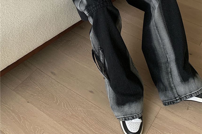 AXEN - Middelhoge taille contrasterende rand wijde pijpen jeans