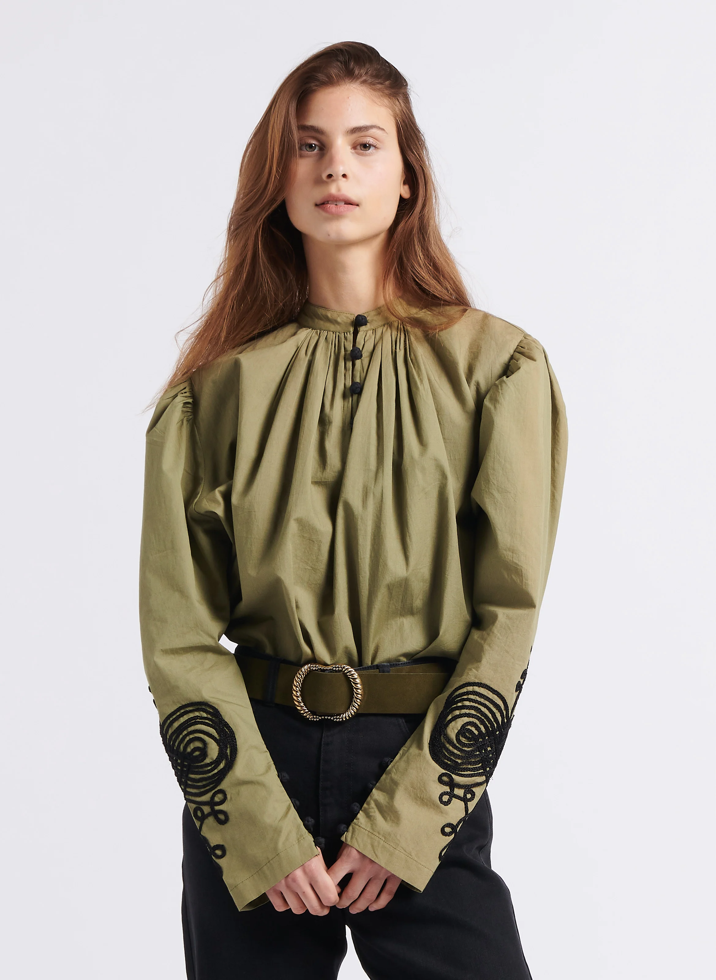EGO - Blouse ample col rond brodée en coton| Kaki
