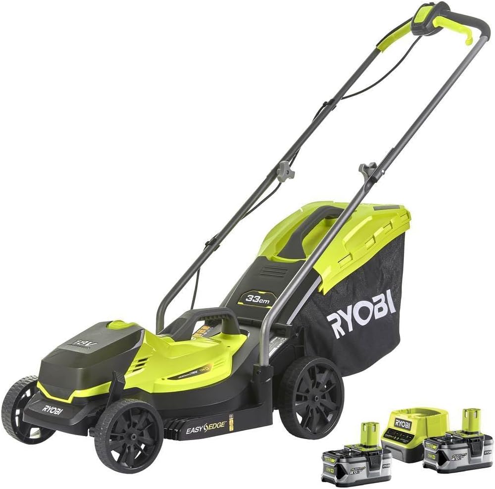 RYOBI Akku-Rasenmäher & Akku-Teleskop-Rasentrimmer 18 V ONE+ Garten Combo-Set | Inkl. 2x4,0 Ah Akkus & Ladegerät | Mäher mit 33 cm Schnittbreite, Schnitthöhenverstellung, 35 L Fangkorb & Mulchfunktion