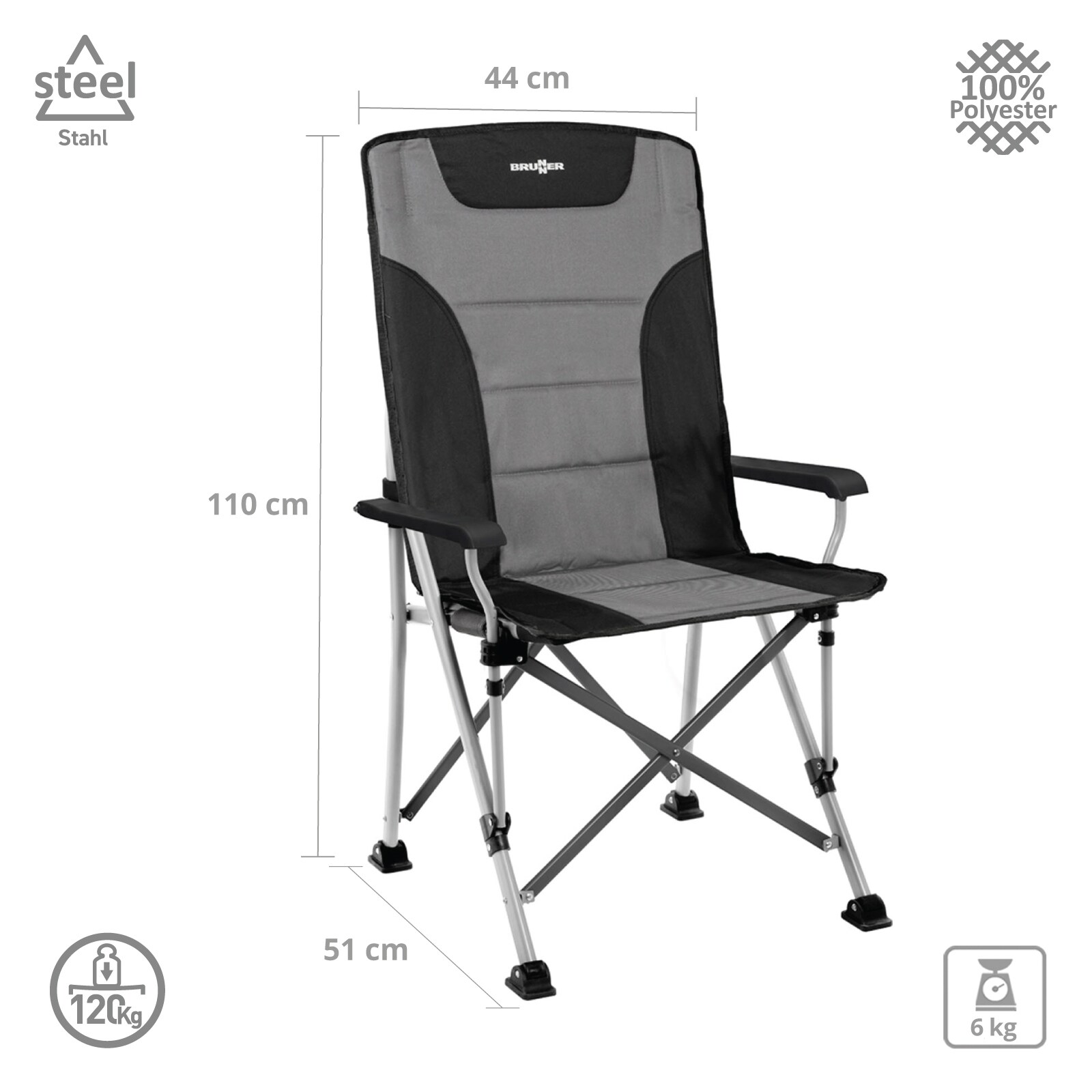 BRUNNER Campingstuhl Hochlehner Raptor High Back Klappstuhl Verstellbar 120 kg Farbe: Schwarz/Grau