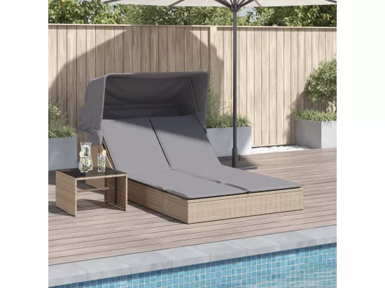 Chaise longue double avec auvent et coussins beige poly rotin