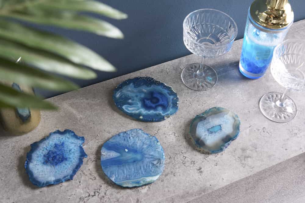 4er Set Untersetzer für Gläser COASTER 10cm blau Edelstein Achat Quarz handmade