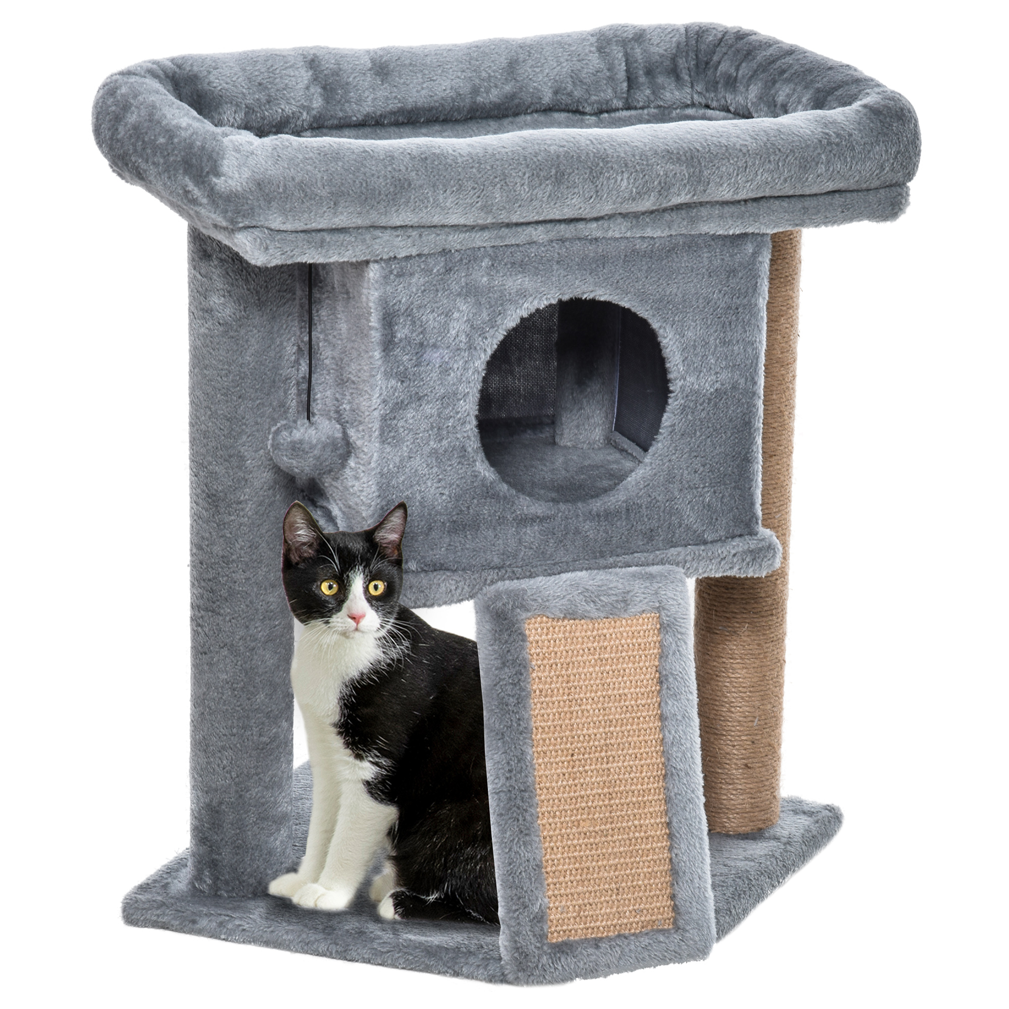 Árvore para Gatos PawHut de 57 cm para Gatos Pequenos, Torre para Gatos com Poste de Juta, Rampa para Arranhar, Cama e Bola Pendurada, 40x40x57 cm, Cinza