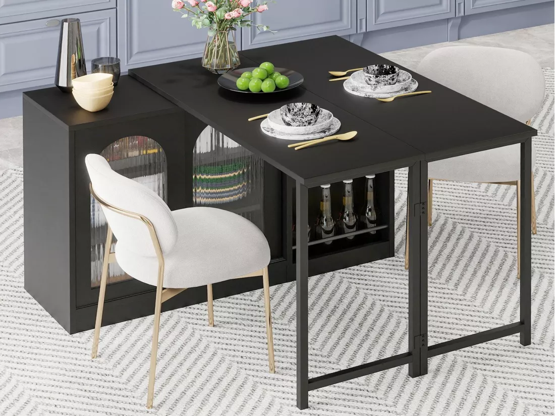 Ilot central de cuisine - avec plateau escamotable pivotante - avec portes vitrées et espace de rangement - MDF - Noir