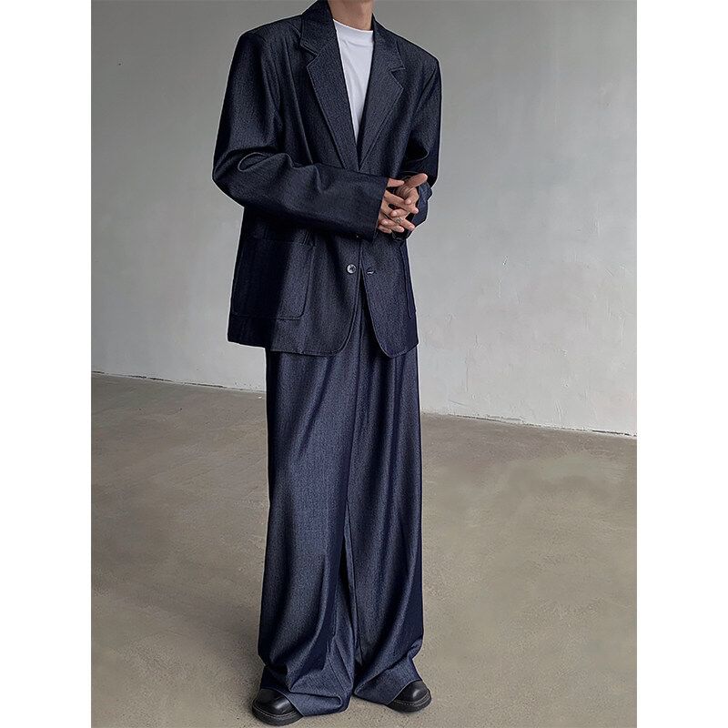 ravewider - Denim blazer met één knoop / Wijde broek met hoge taille / Set