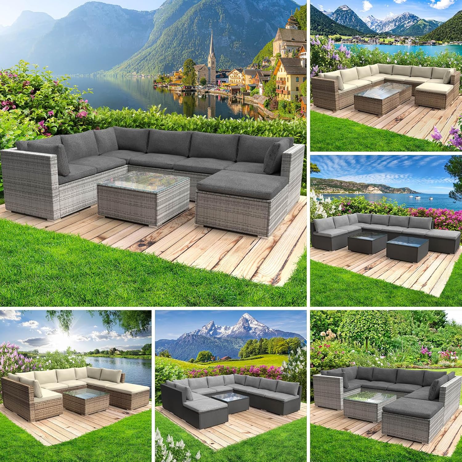 BRAST® Gartenmöbel Lounge Set | 6-7 Personen viele Modelle & Farben | inkl. extra Dicke Kissen | TÜV geprüft | Outdoor Loungemöbel Sitzgruppe Essgruppe Garnitur | Luxus Grau