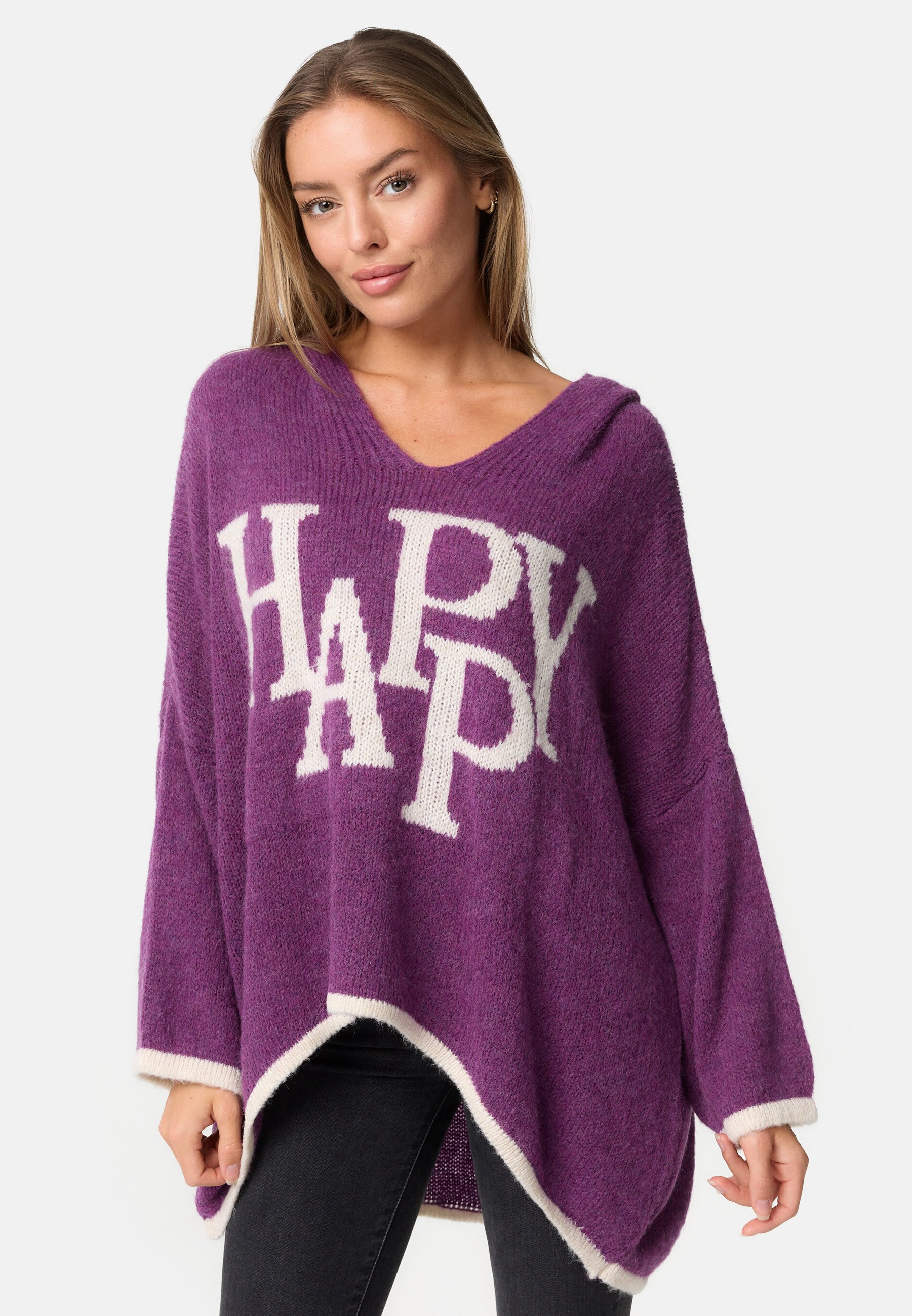 PM SELECTED Damen Warmer Strickpullover Pullover mit Happy Schriftzug und Kapuze in Einheitsgröße PM77