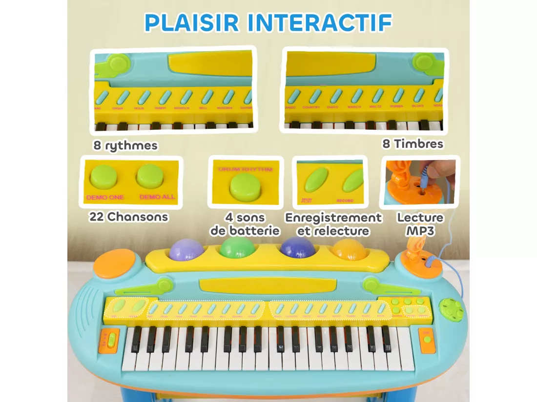 Clavier musical pour enfant - piano enfant avec tabouret et micro - 37 touches, 22 chansons, 8 instruments et rythmes - jaune bleu