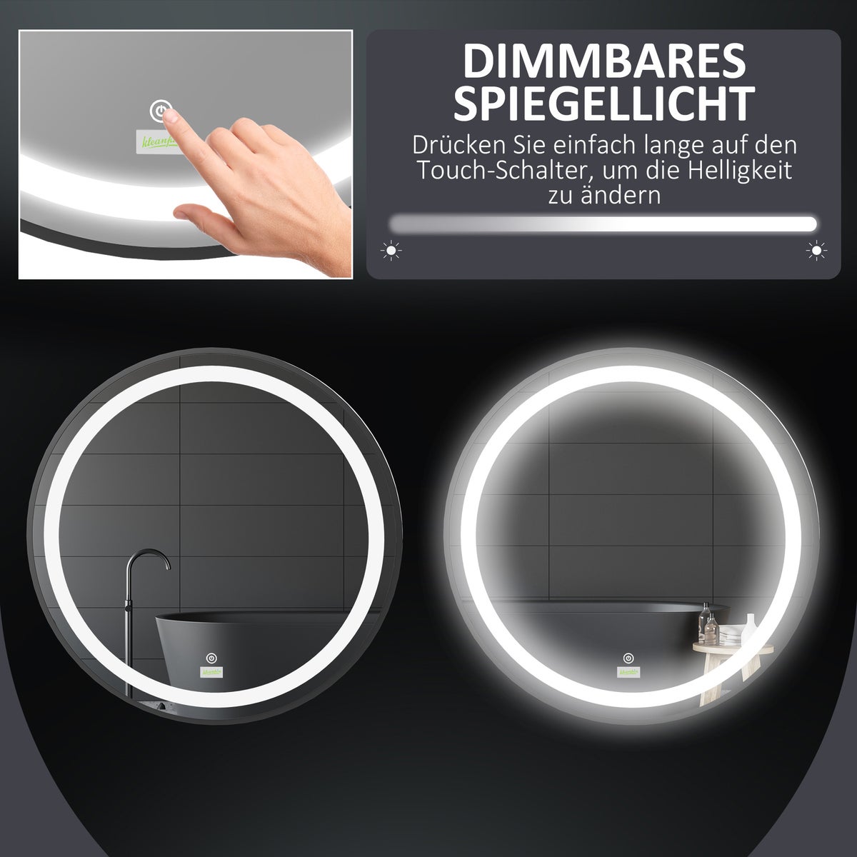 Kleankin badkamerspiegel, Ø60cm LED badkamerspiegel met 3 lichtkleuren, wandspiegel met touchfunctie, geheugenfunctie, IP44, zwart