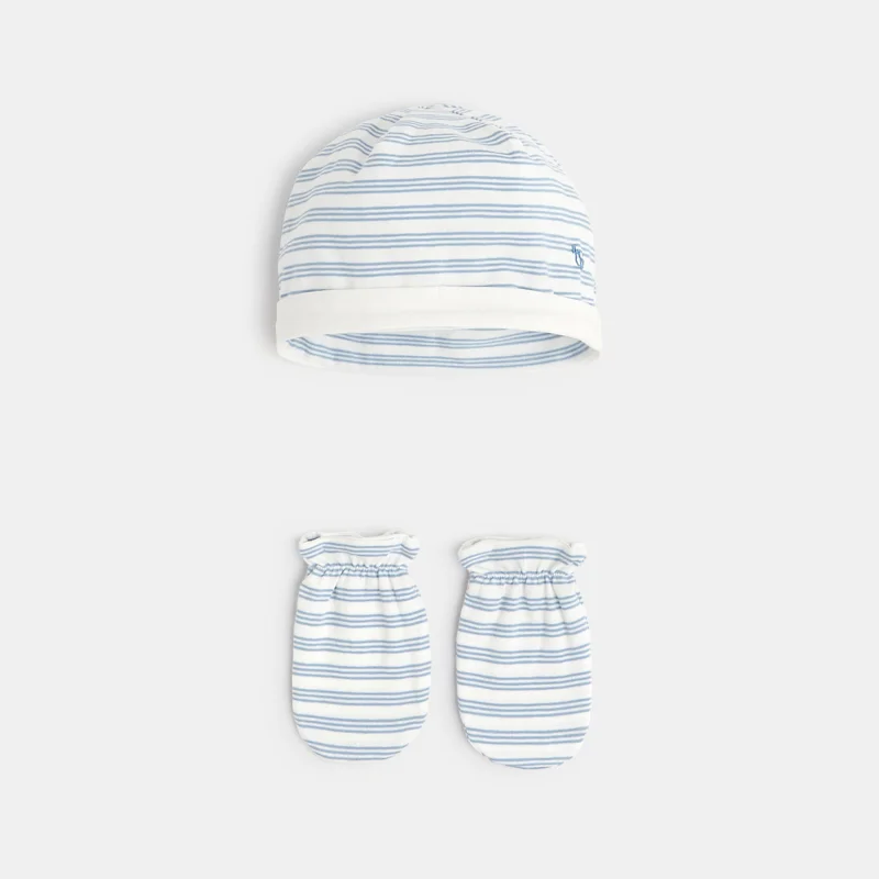 Bonnet et moufles jersey rayé bleue naissance Bleu