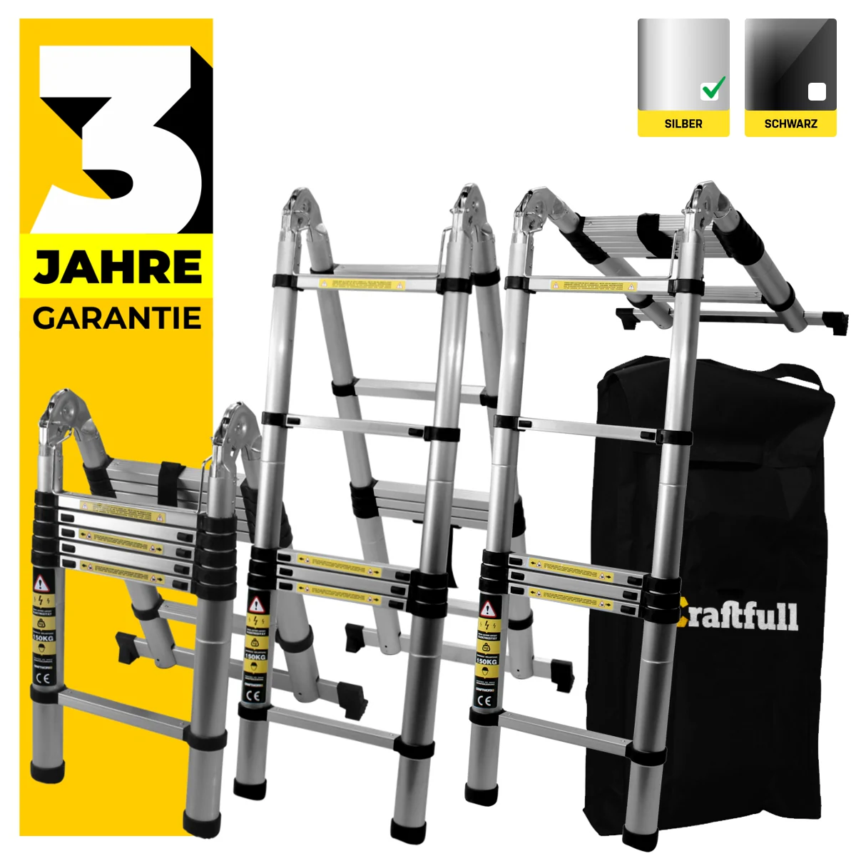 Craftfull Klapp-Teleskopleiter CF-102A, Aluminium, Klappleiter und Anlegeleiter, inkl. Tragetasche (2 x 1.6 Meter (Total 3.2 m))