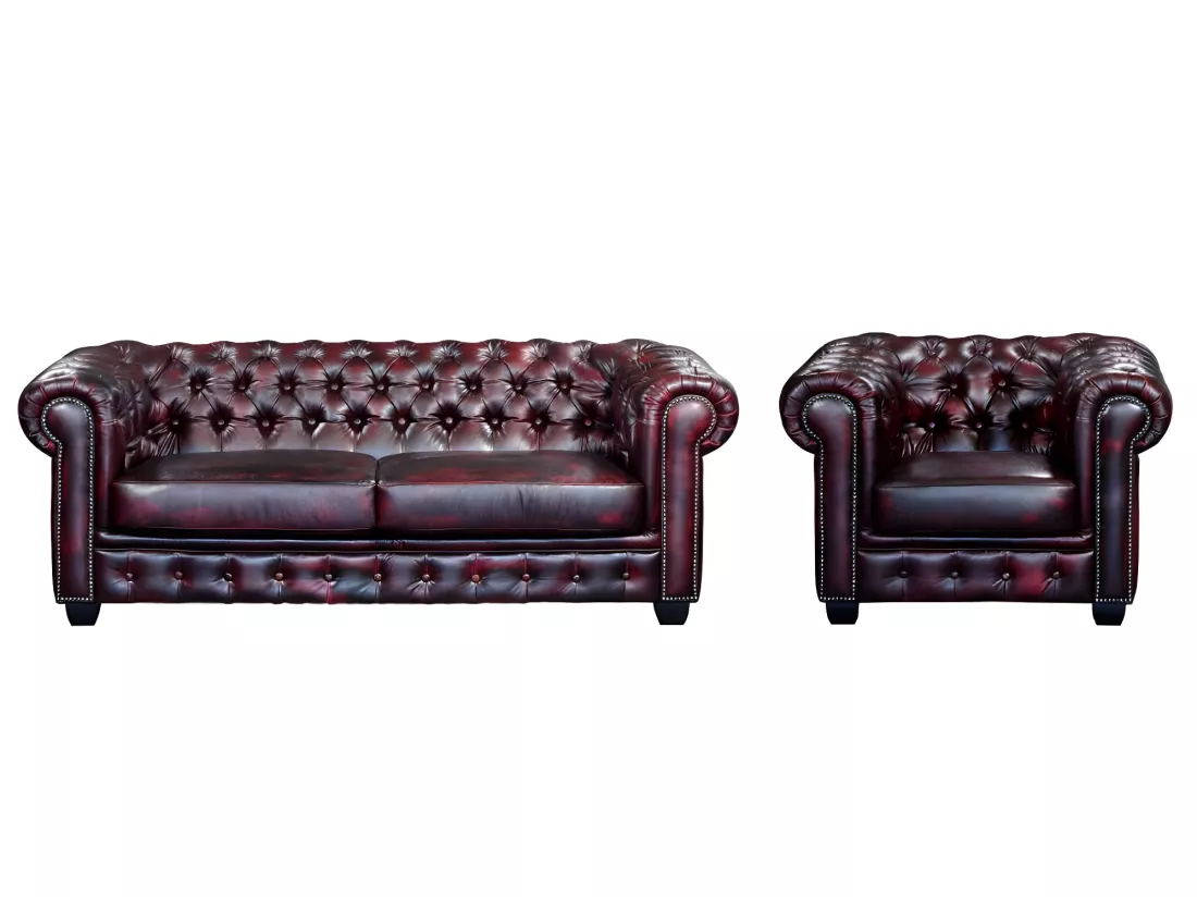Canapé chesterfield 3 places et un fauteuil BRENTON 100% cuir de buffle - Bordeaux