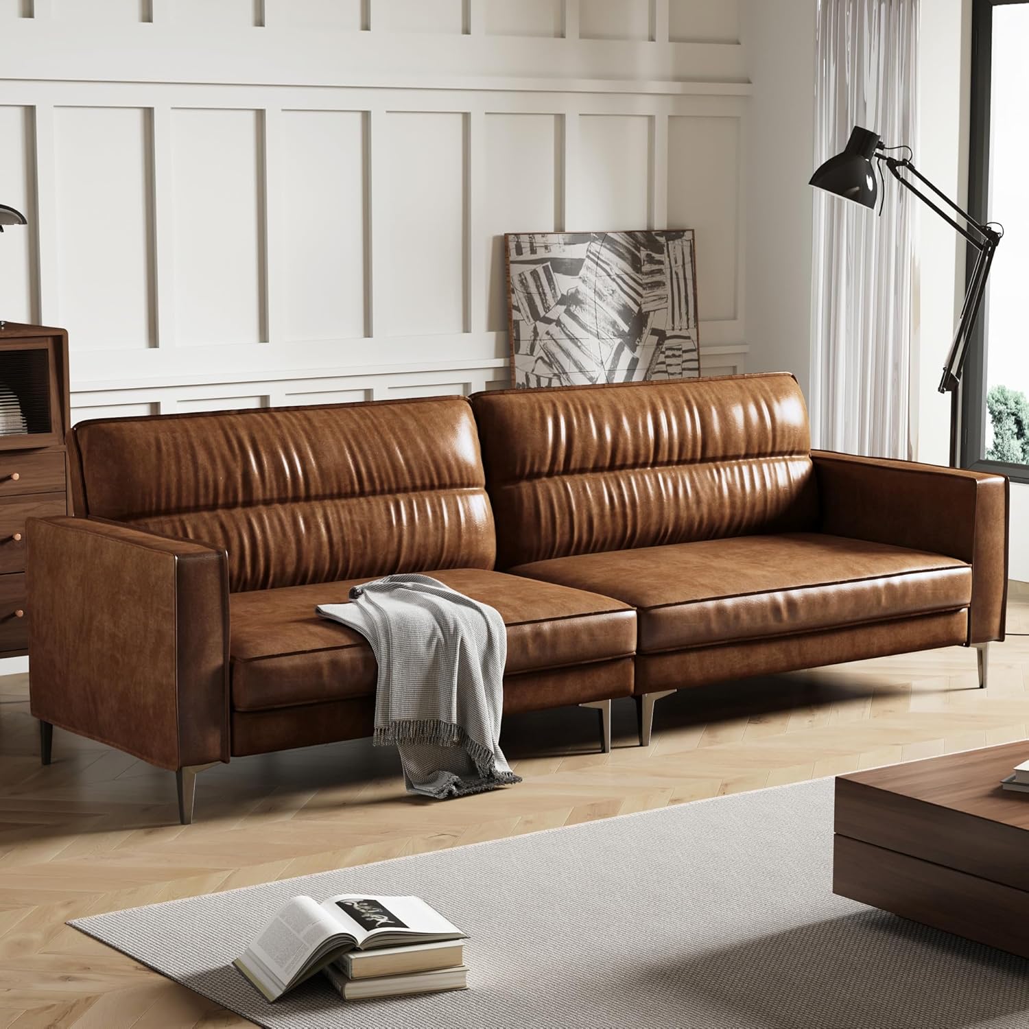 3-Sitzer Sofa in Vintage Lederoptik – Kompaktes Kunstleder Sofa mit Knopfheftung, Metallfüßen & Geraden Armlehnen, Braun – Retro Couch für Wohnzimmer, Büro oder kleine Wohnung (glatte Variante)