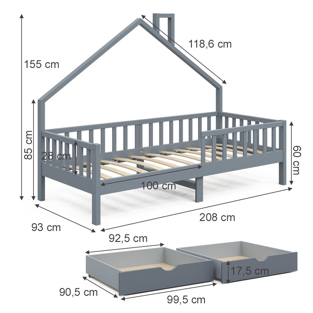 VitaliSpa Hausbett Kinderbett Spielbett Noemi 90x200cm Schubladen Rausfallschutz