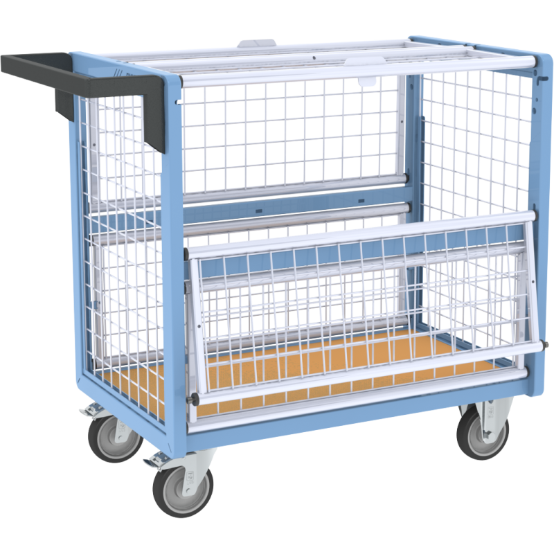 Chariot conteneur grillagé avec toit, 850 x 500 mm, 250 kg