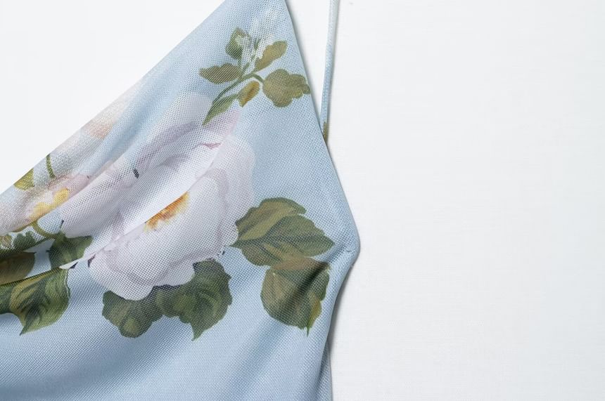 Cumulys - Spaghettibandjes bloemenprint ruches asymmetrische mini A-lijn jurk