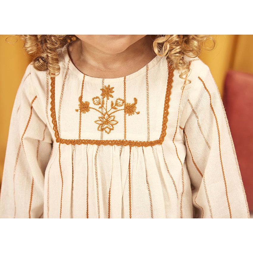Robe manches longues à rayures brodées pour bébé fille - Ecru